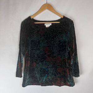 Coldwater Creek Women's Blouse Size‎ Medium Green/Black Velvet Shirt